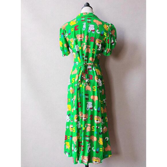 Vintage 80s Novelty Print Dress | Cartoon Kawaii Puff Sleeve Button-Front | S/M - Picture 5 of 9